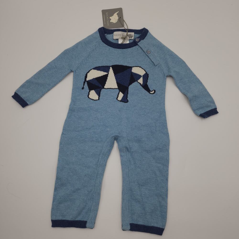 Lucky Jade Geometric Elephant Coverall Cashmere Cotton Bodysuit Blue Size 0/3